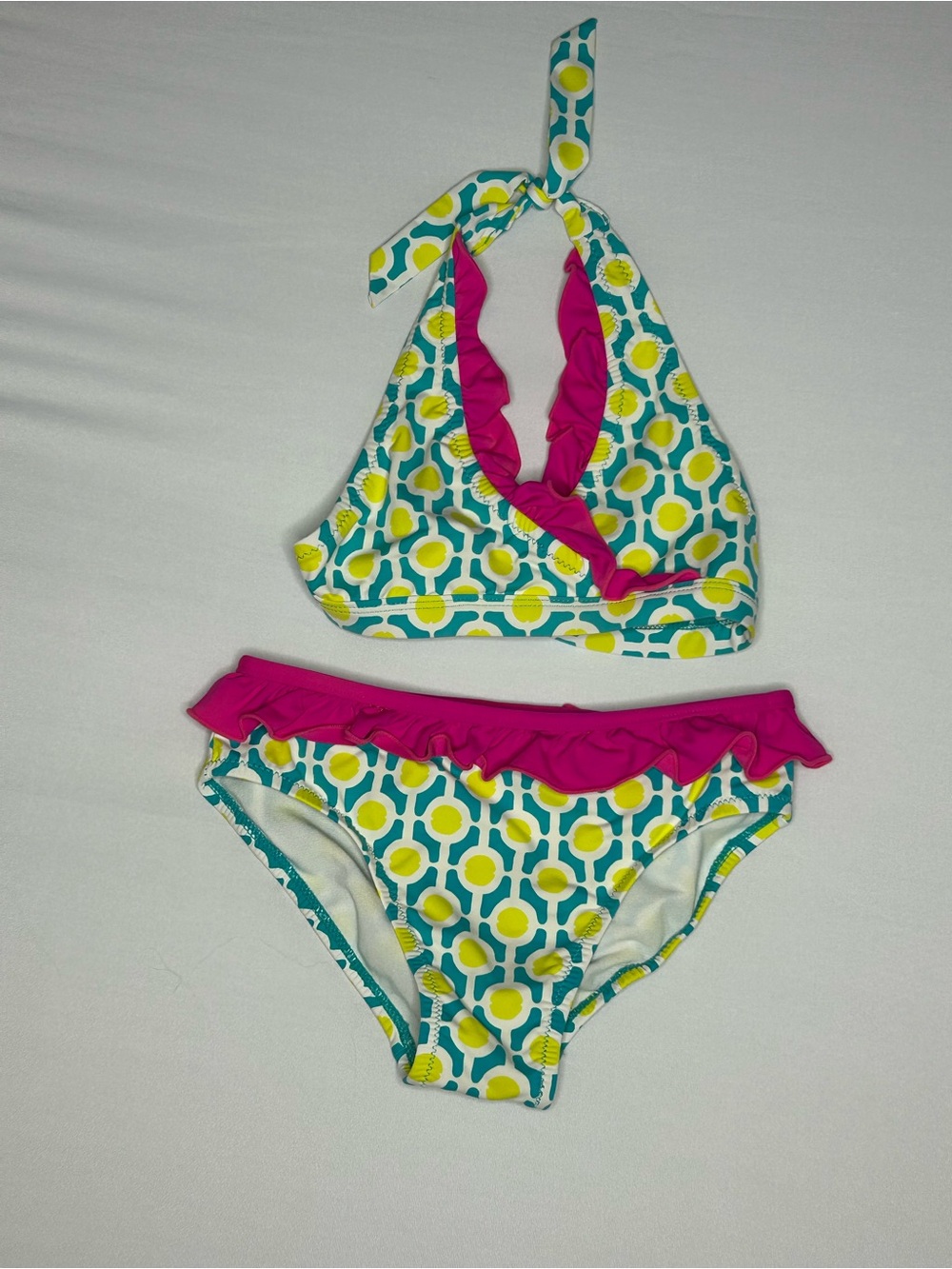 Garnet Hill Kids Girls Teal & Pink Ruffle Halter Bikini Set